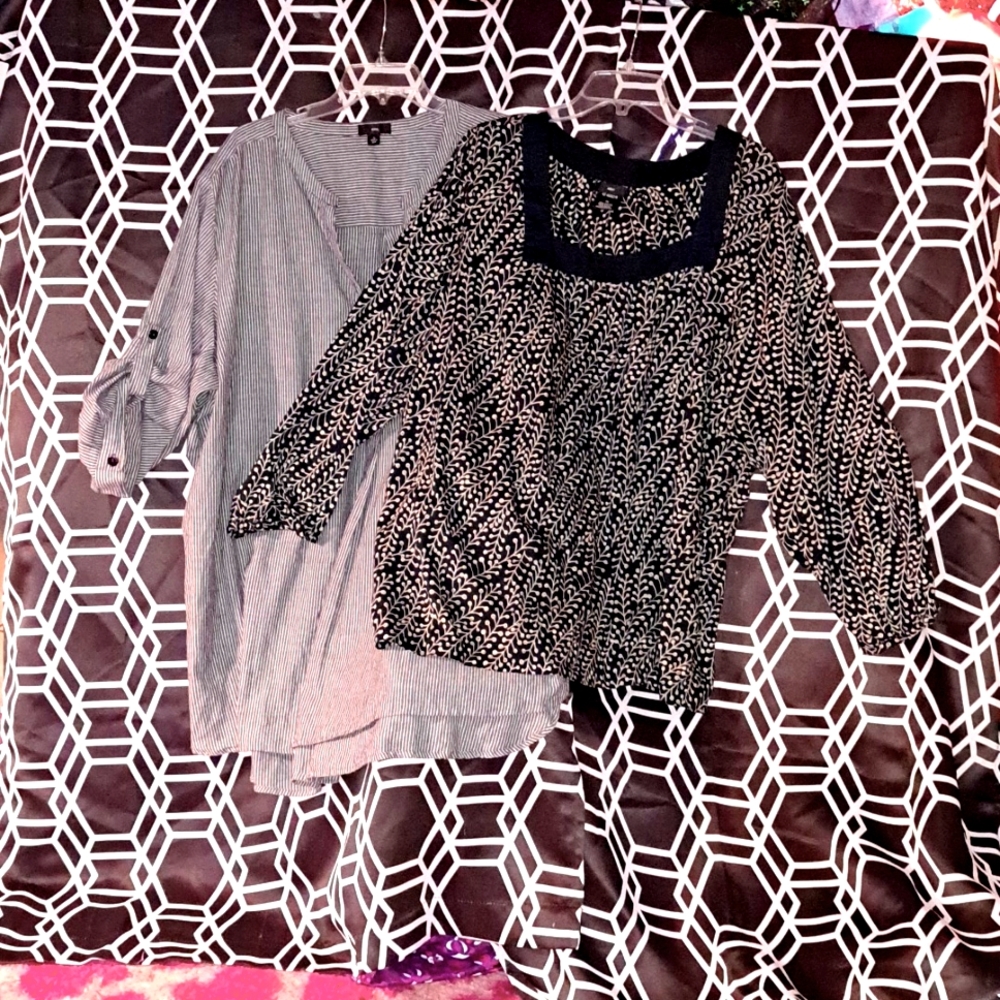ELLOS duo: embroidered wheat motif blouse & dove grey pin stripe smock